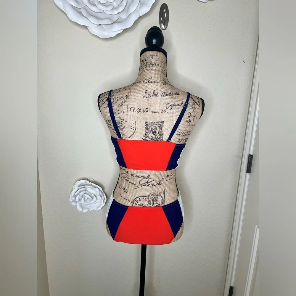 Cupshe Colorblock Bikini Set Orange Blue White Mid Rise Swim Size M - Picture 9 of 16